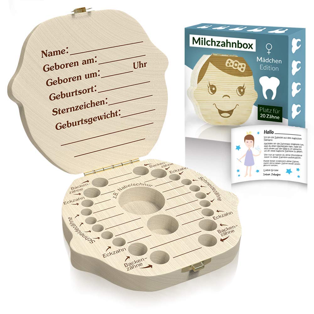 Zrilubkrelz Original Zahnbox Zahndose für Kinder aus Holz | inkl. Brief | Deutsche Sprache | 2 Versionen für Junge & Mädchen | Milchzahndose Milchzahnbox für Milchzähne als Geschenk Geburt