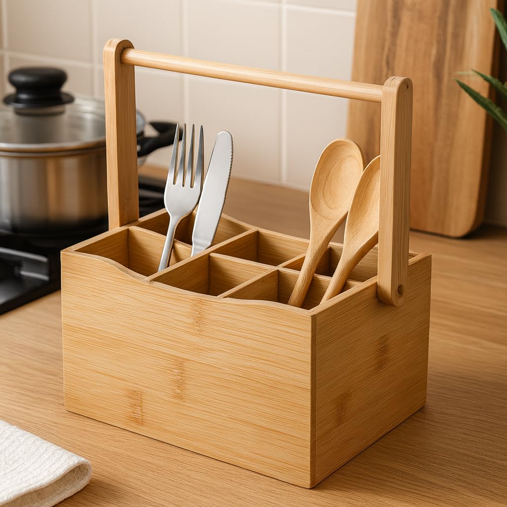 Deconox Bambu Taşıma Kulplu Çok Amaçlı Düzenleyici - 6 Bölmeli Çatal Bıçaklık | Ofis, Banyo ve Masaüstü Caddy Organizer (21.6x14x12.7 cm)