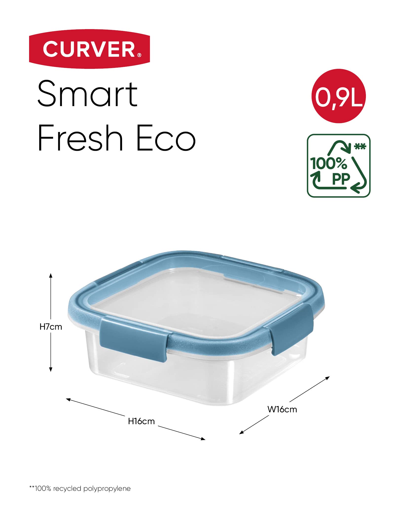 Curver Fresh ECO 4er Frischhaltedosenset 0,9l/1l/1,1l/1,2l, aus 100% recyceltem PP, Pastellblau