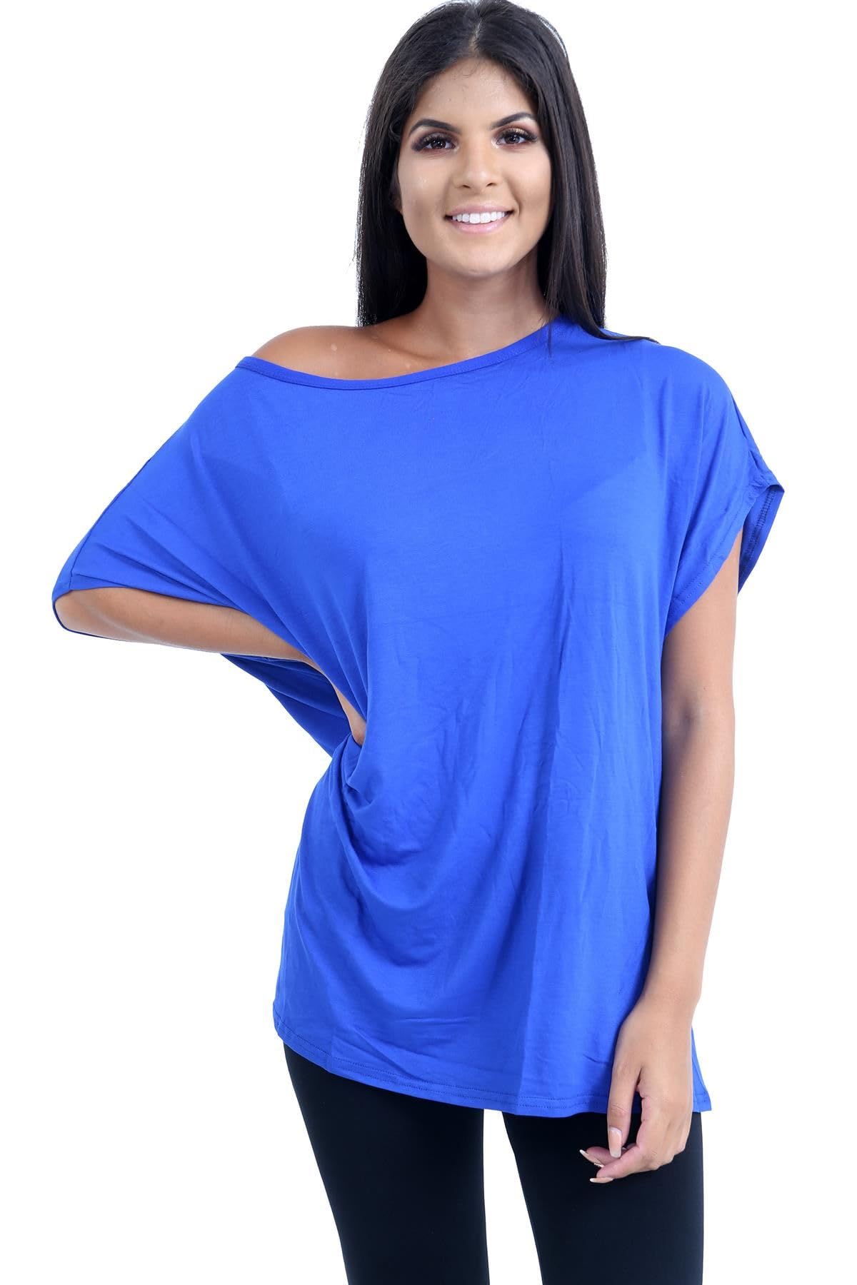 Lot de 3 t-shirts surdimensionnés à manches courtes avec épaules dénudées chauve-souris pour femmes, t-shirts amples unis, épaules dénudées, fête et tenue décontractée, bleu marine, 40-42
