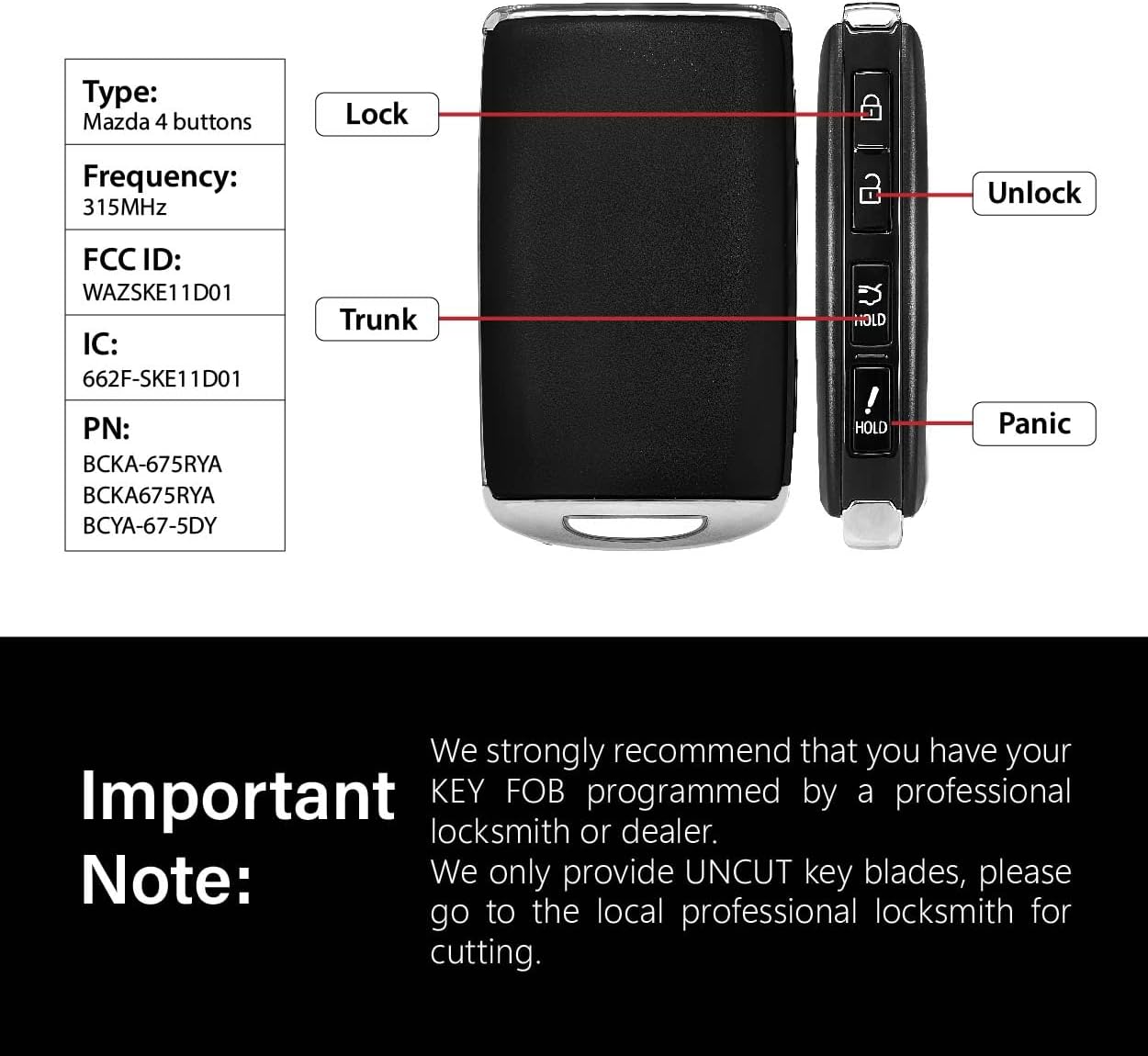 Replacement for 2019-2023 Mazda 3 Key Fob Remote Control WAZSKE11D01 4 Buttons 315MHz