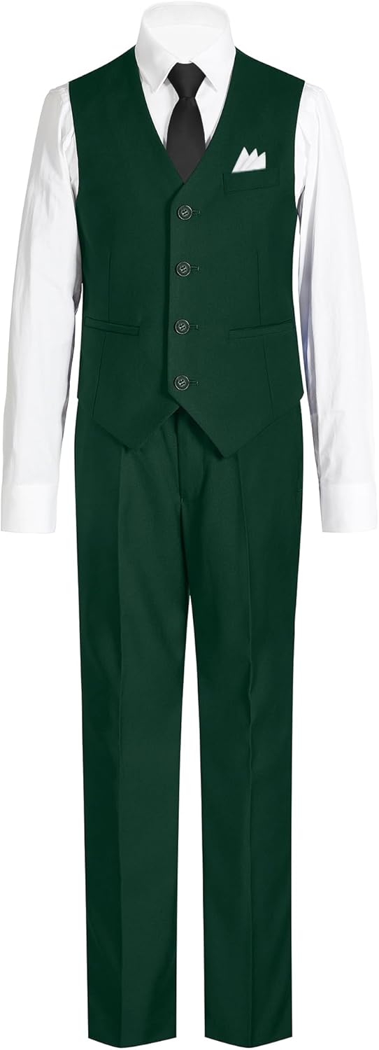 Boys' 6-Piece Formal Slim Fit Suit Set, Vest, Pants, Dress Shirt, Tie, Pocket Square, and Bow Tie
