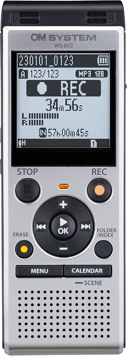 OM SYSTEM WS-882 Digital Voice Recorder – Stereo Microphones, 4GB Memory, 6 Recording Modes, Direct USB, Voice Filter, Long Battery Life, Voice Balancer, Easy Operation