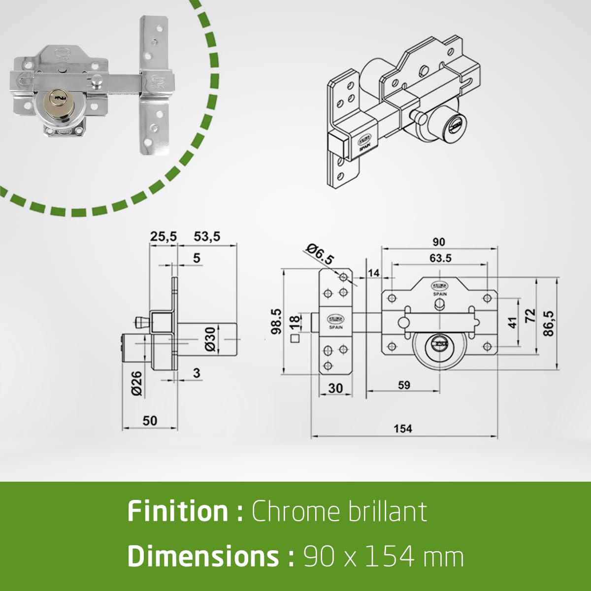 Amig - Serrure | Verrouillage de superposition | 90 x 154 mm | Chrome brillant | Cylindre de sécurité 50 mm à 6 broches | Loquet d'ouverture | Système antibumping et protection contre les pics