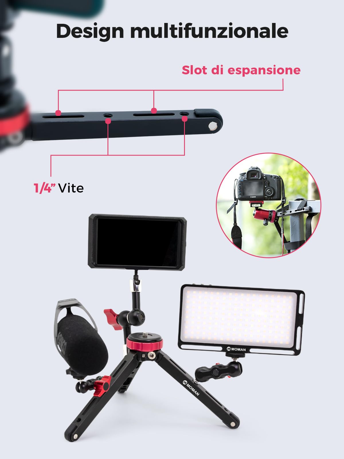 Moman Mini Treppiedi, TR01 Tavolo Treppiedi Piccolocon Attacco a Vite 1/4 e 3/8 Mirrorless con Carico Massimo di 80 kg Alluminio CNC per Fotocamera Camere Reflex Smartphone DSLR, Nero Rosso