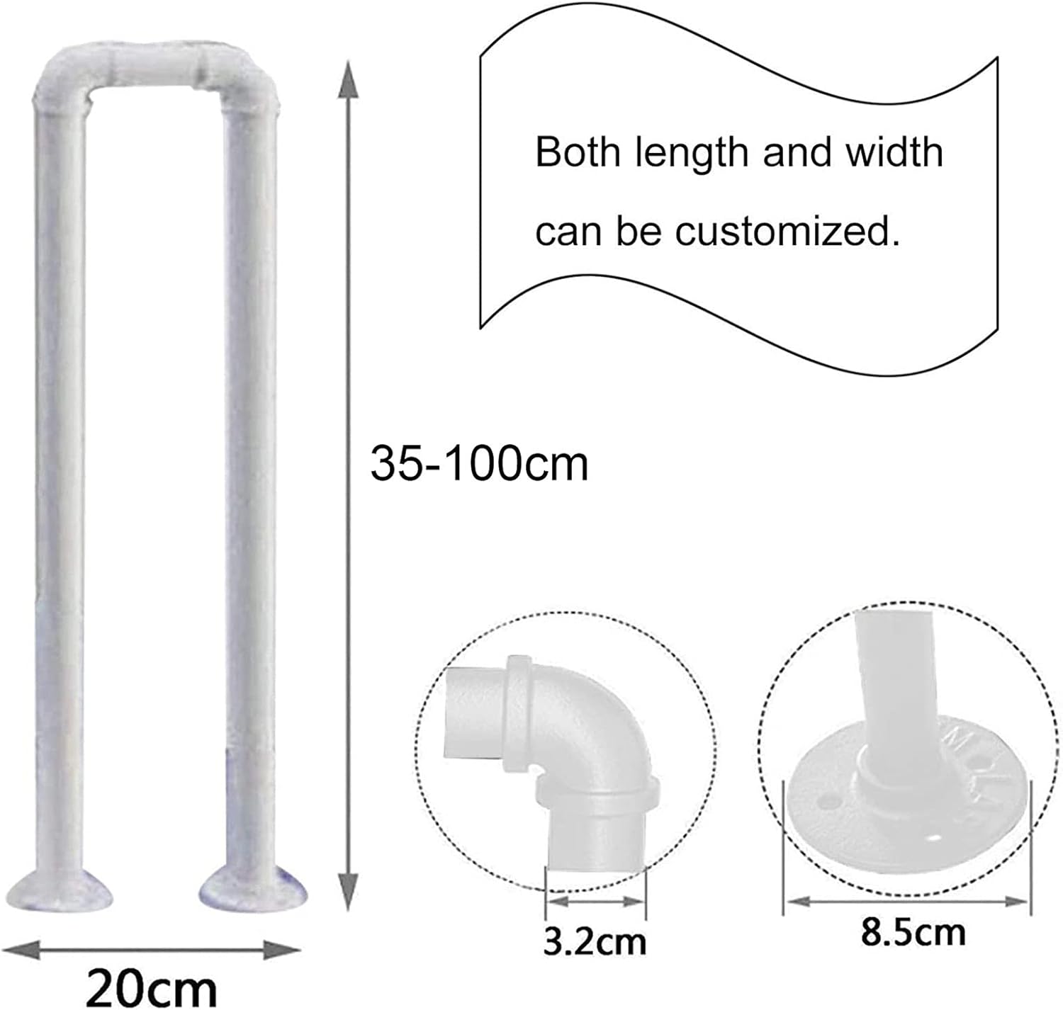 Staircase Handrails, Corridor Support Railing, Industrial Pipe Wrought Iron Grab Bar, U-Shaped Stair Banister, 35-100cm, 1pack (Color : White, Size : 35cm)