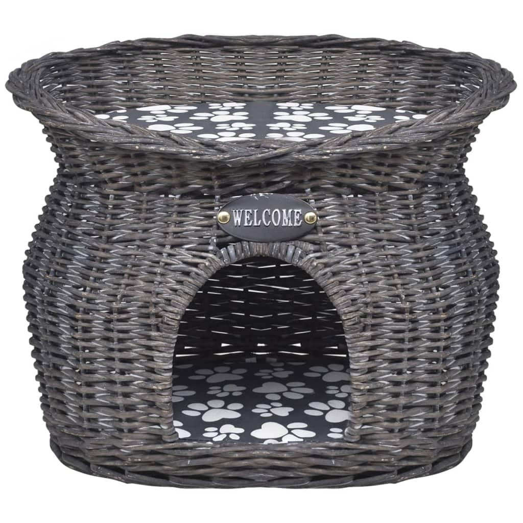 Katzenhöhle aus Weide mit weichem Kissen, gemütliches Katzenhaus für Katzen und kleine Hunde, kuscheliger Schlafplatz mit Welcome-Schild, 44x33x34 cm