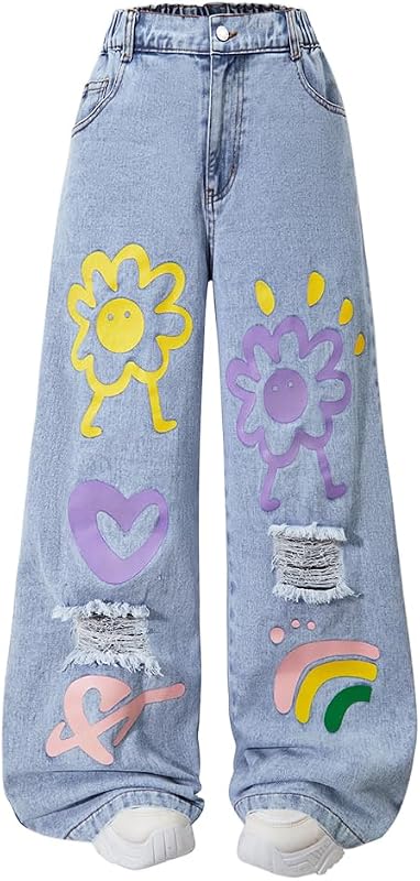 Tween Girls Wide Leg Jeans, Elastic Wasit Ripped Denim Pants with Pockets, Pattern Print Jeans for Girls