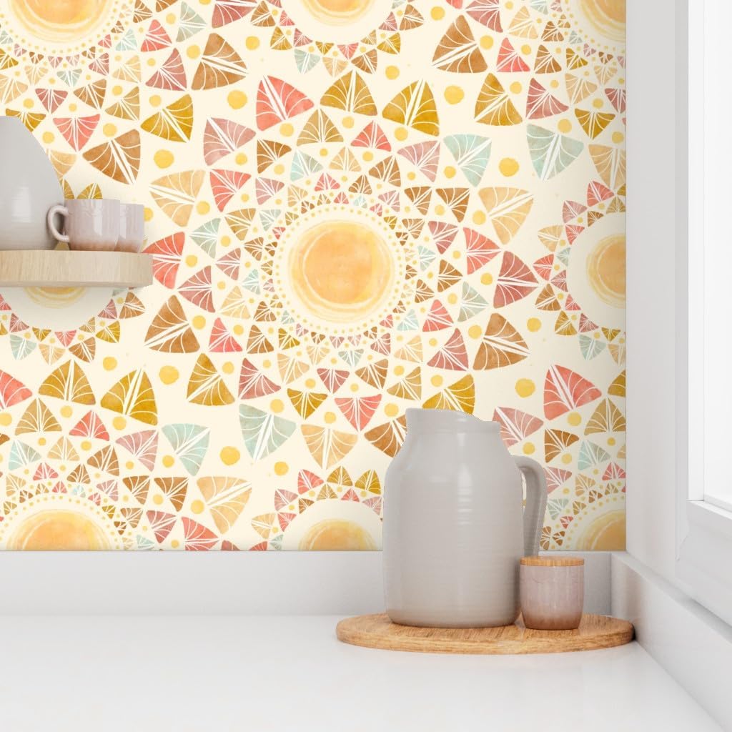 Peel & Stick Wallpaper 3ft x 2ft - Watercolor Sunshine Leaves Retro Geometric Happy Sun Colorful Summer Custom Removable Wallpaper by Spoonflower