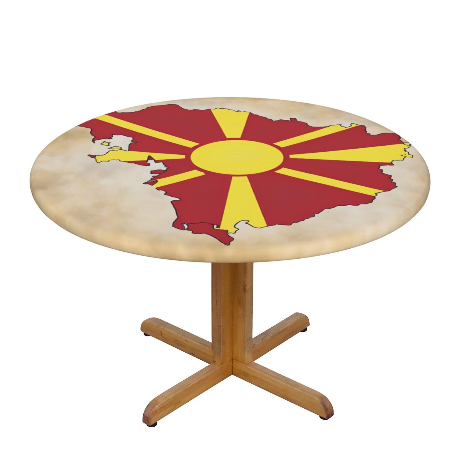 DUWAA Northern Macedonia Flag Map03 Print Oxford Fitted Table Cover For Patio Picnic, Waterproof Round Tablecloth For Home And Outdoor