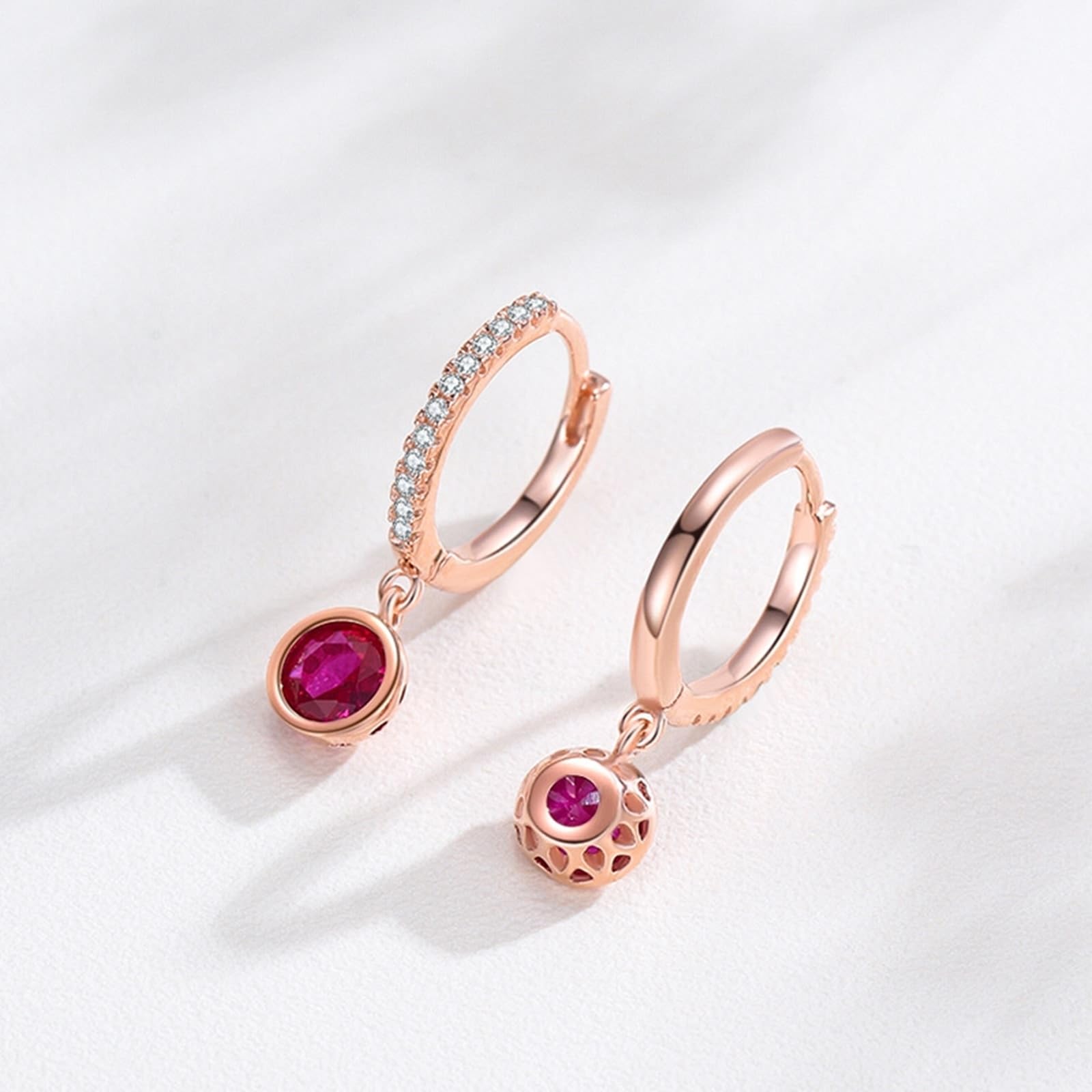 Orecchini in vero oro rosa 9 carati Au375, con rubino rosso, classici orecchini a cerchio in oro rosa 9 carati, moissanite