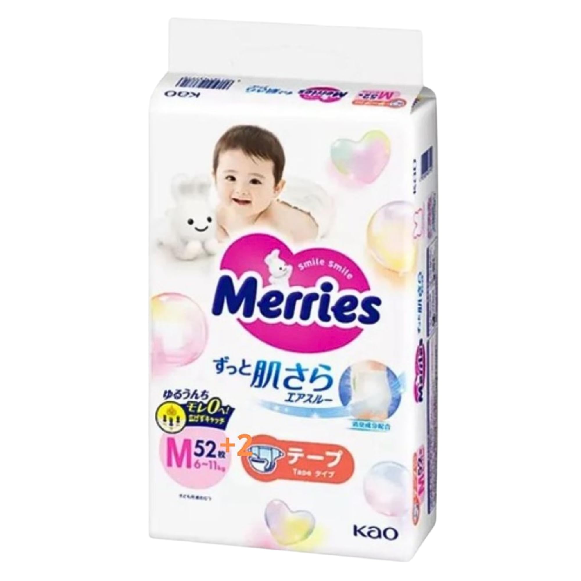 MERRIES Pañales japoneses, M, 6-11 kg, 52+2 uds.
