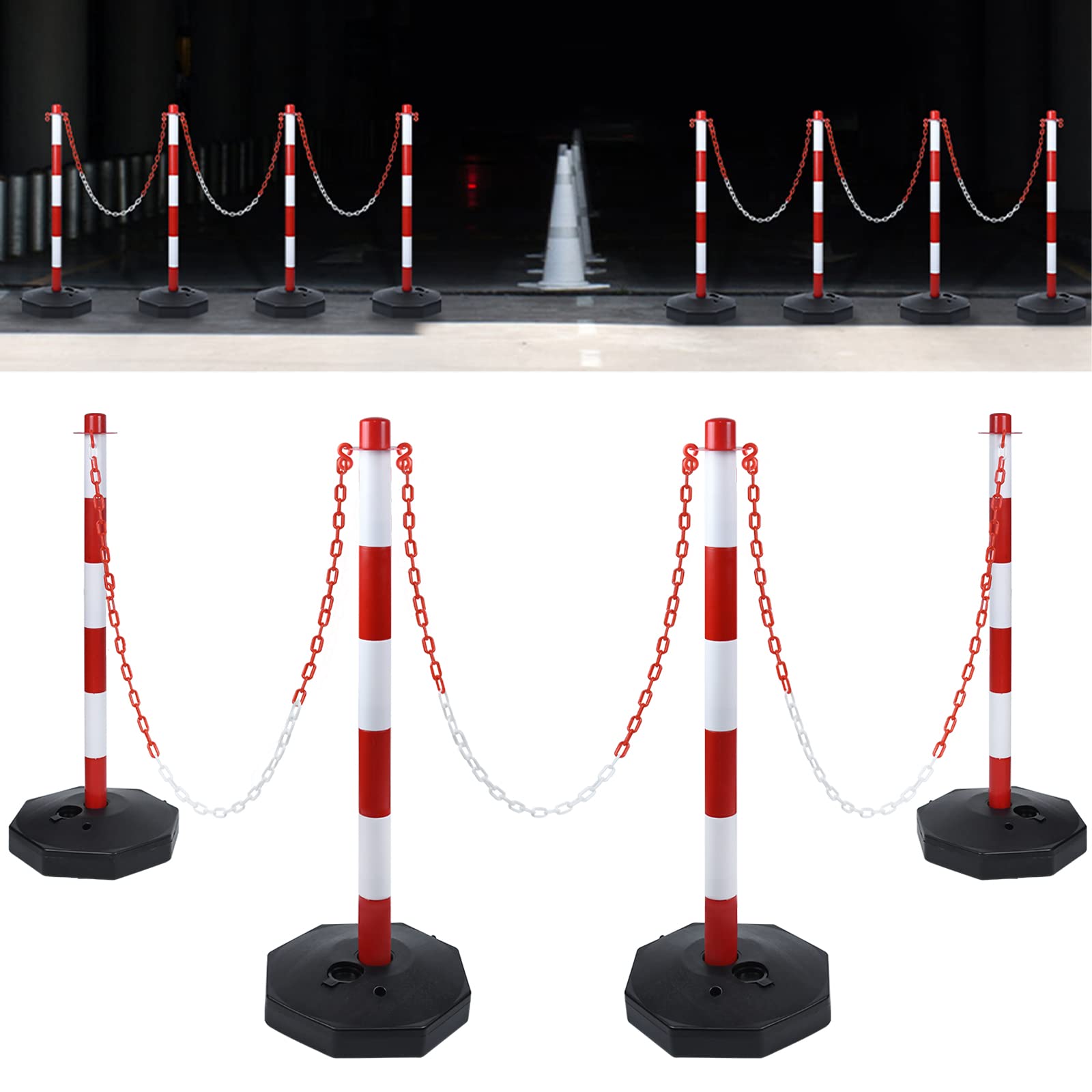 ACXIN Lot de 4 chaînes de signalisation en plastique rouge et blanc - 6 mm d'épaisseur - Chaîne de signalisation pour barrières dans les allées - 4 poteaux avec chaîne de barrière