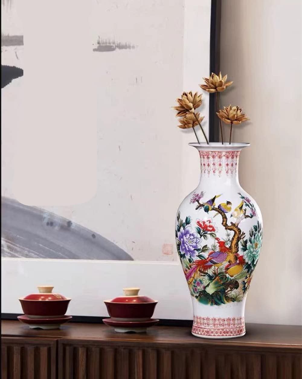 Vaso in ceramica cinese con supporto, vaso in porcellana per fiori, vasi in ceramica antichi, vaso decorativo tradizionale - Altezza: 36 cm