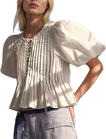 Women Y2k Short Puff Sleeve Crop Top Boho Ruched Crew Neck Buton Up Shirt