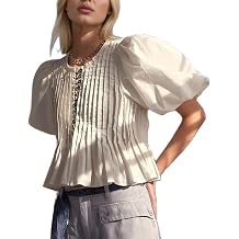 Women Y2k Short Puff Sleeve Crop Top Boho Ruched Crew Neck Buton Up Shirt