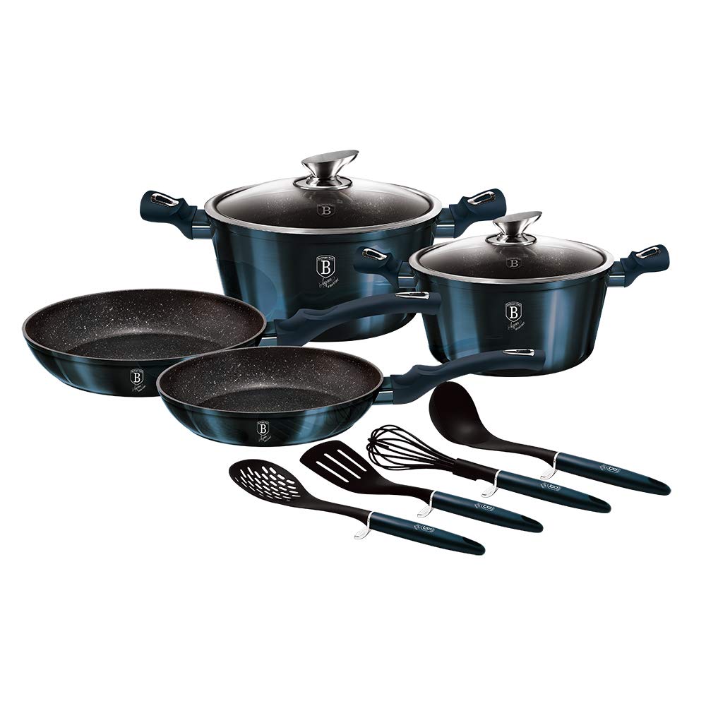 Berlinger HausKitchen Cookware Set with Ergonomic Soft-Touch Handle - Aquamarine Non-Stick Cooking Pots and Frying Pans, Heat Resistant Silicone Kitchen - Emerald Collection | 10-piece