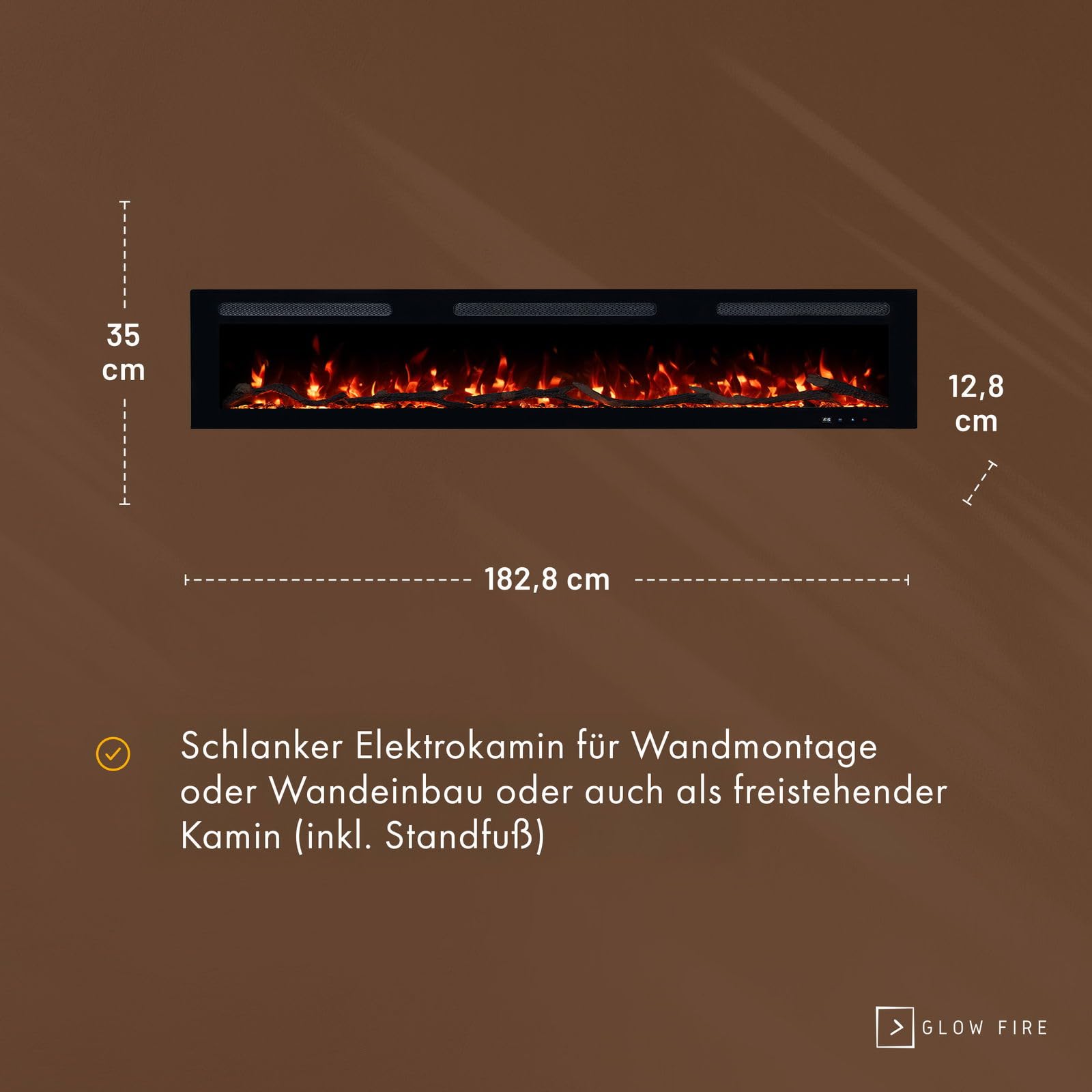 GLOW FIRE Camino elettrico Inside 182 con fuoco LED realistico 3D – Camino elettrico da parete con riscaldamento e camino, controllo app, effetto scoppiettante e timer, max. 1800 W, 182 x 35 x 12 cm