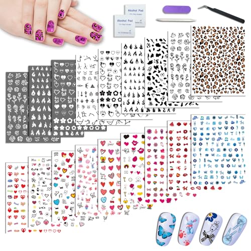 18 hojas Halloween pegatinas uñas para mujeres, pegatinas para uñas adhesivas nail stickers con diseño de corazón, amor, rosa, leopardo, llama, para niñas decoración uñas