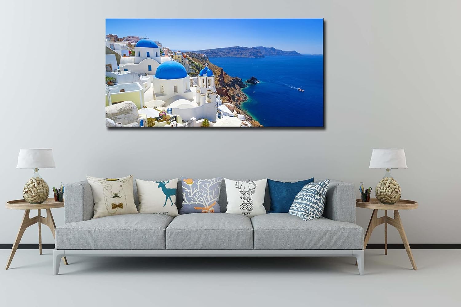 Size 24x48 Large Canvas Print Wall Art Santorini in Greece Painting Wall Decor, Blue Coastal Landscape Artwork Seascape Pictures for Living Room, Bedroom, Office Decoration - 24x48