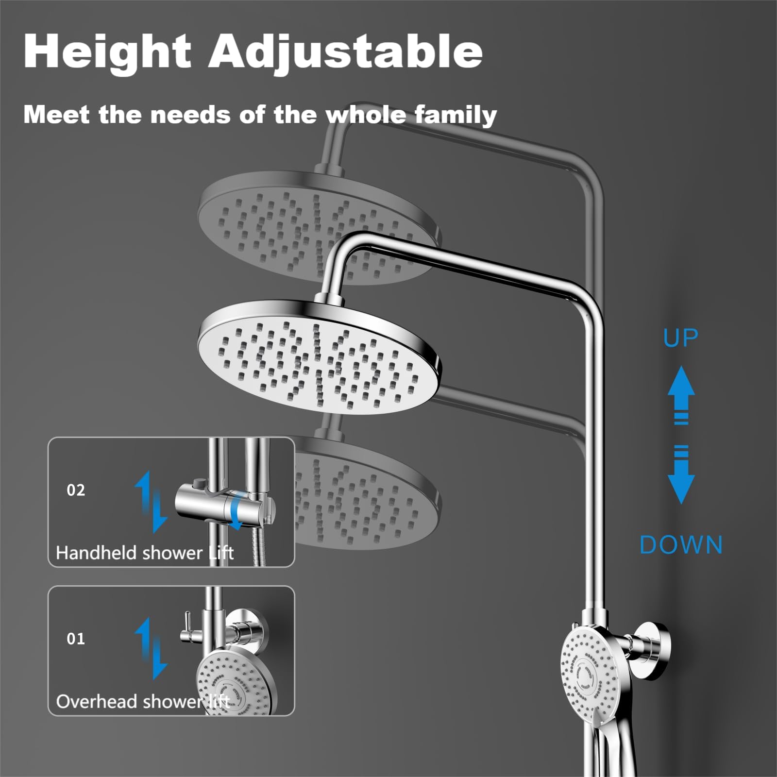 YOOZENA Thermostat Shower Set,Height Adjustable Shower Mixer Set including Overhead Shower,Thermostatic Shower Mixer bar,3-Types Handheld Shower - Image 2