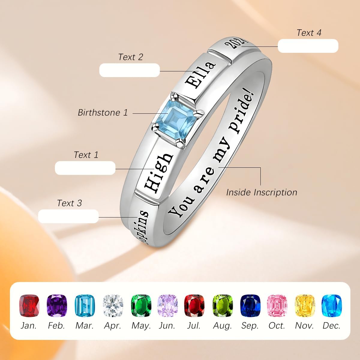 Custom Birthstone Class Ring for Women – Minimalist Stackable Graduation Ring Ideal Gift for Wedding Mother's Day Graduation