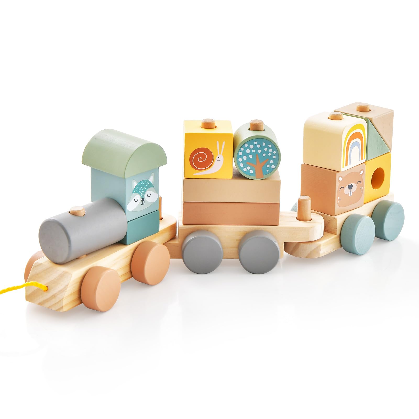 COSTWAY Wooden Stacking Train, 3-Section Push & Pull Stacking Toys with Stackable Blocks, Solid Wood Learning Toy Gift for Toddlers (with 13 Blocks, Wooden Wheels & Tow Rope)