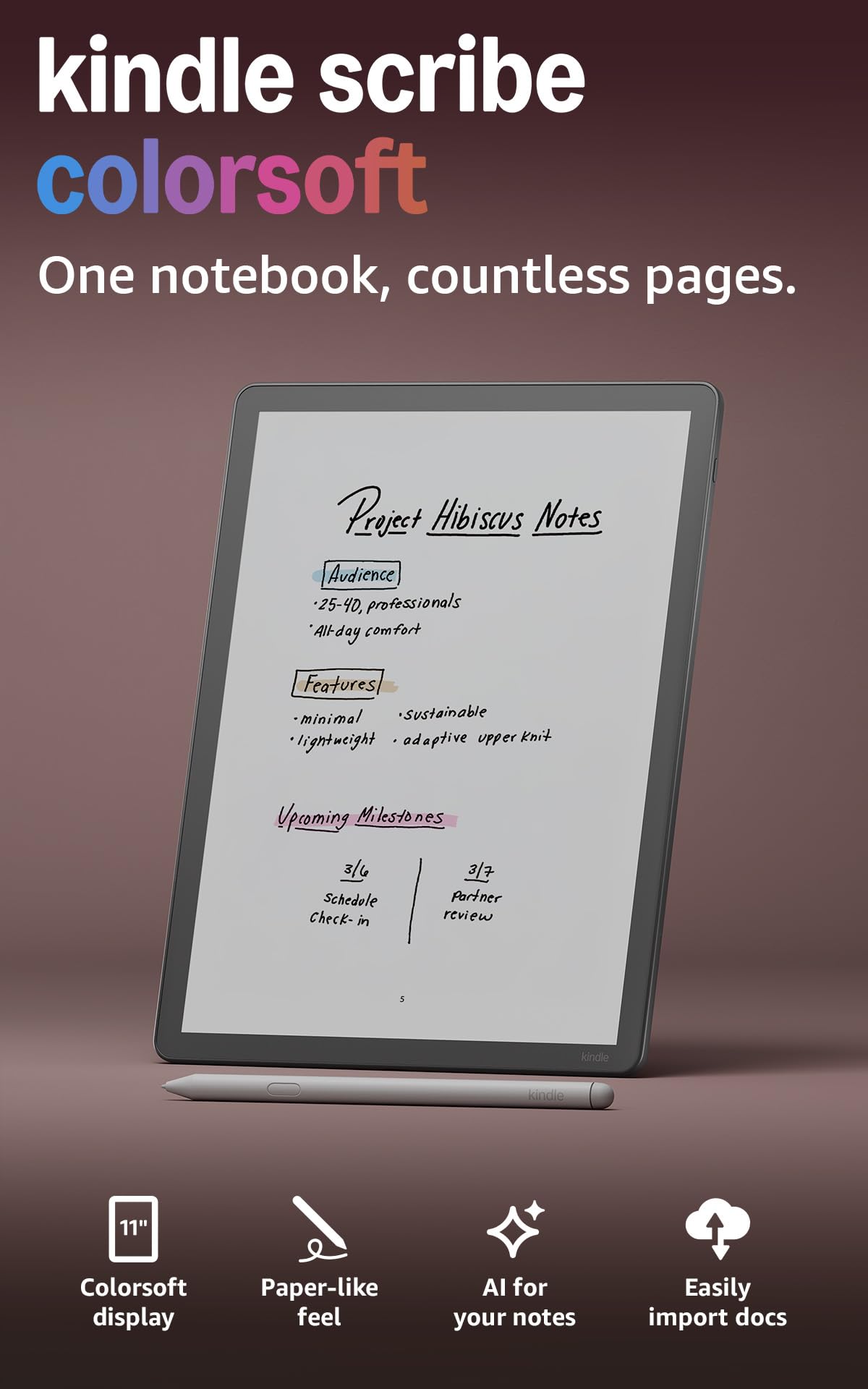 Amazon Kindle Scribe Colorsoft 64GB (newest model) — 11” paper-like color display  —  Write in notebooks, docs, and books. — With AI to summarize, refine and search notes —  Pen included - Graphite
