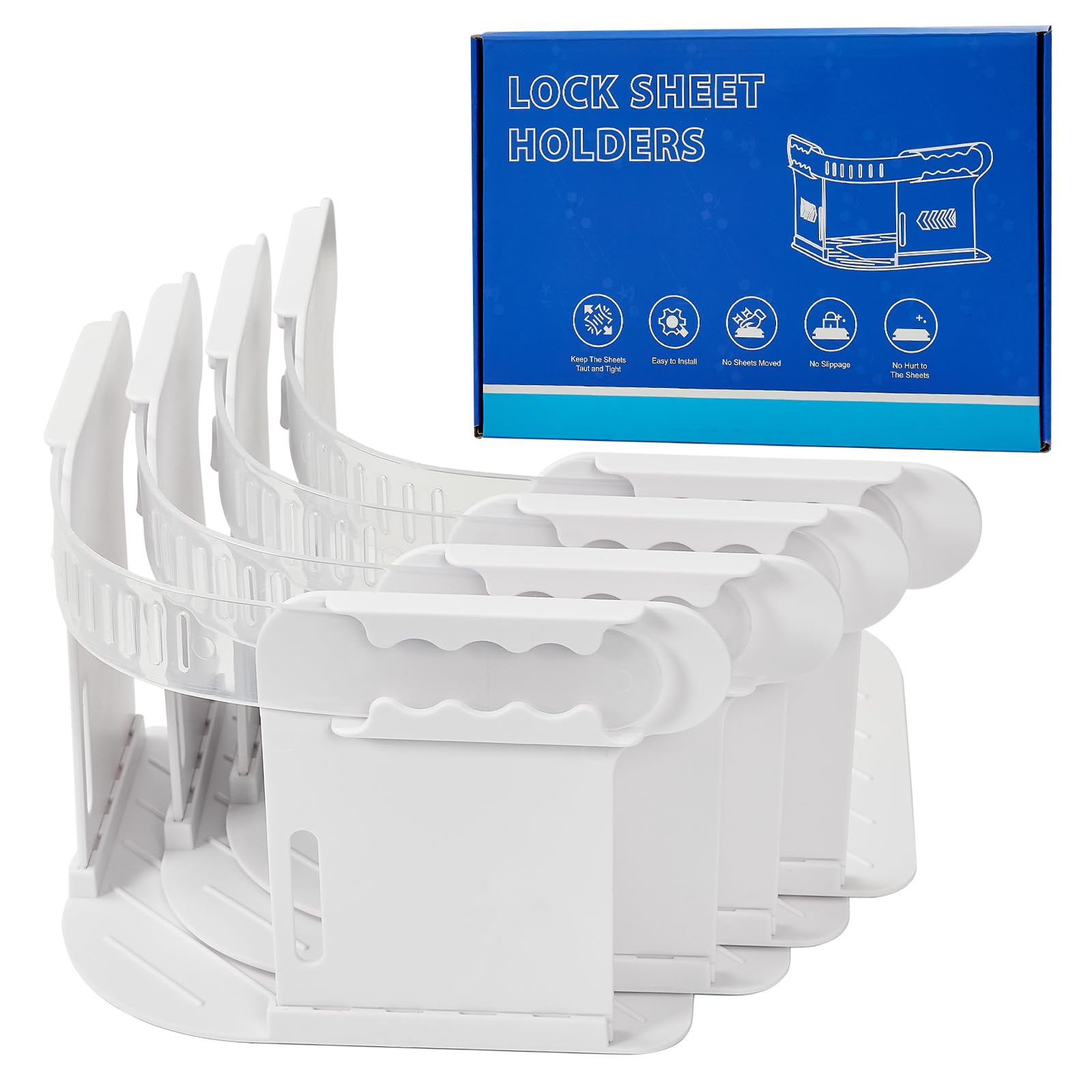 Open Corner Bed Sheet Holder with Lock Strips, Lock Sheet Holders Keep Sheets Firm & Tight, Heavy Duty Mattress Bedsheet Clips, No More Loose Sheets, Easy Installation(White)