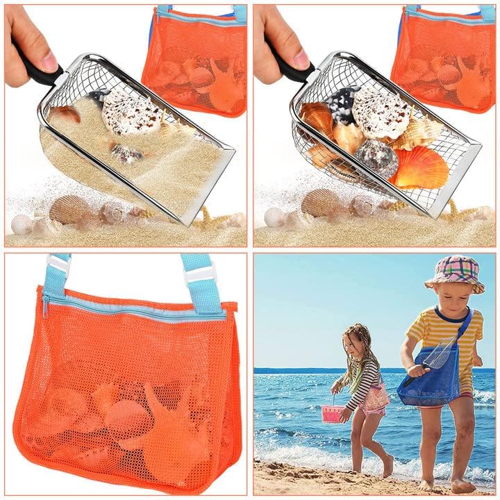 Miniatura 5 de Pala de malla de playa de metal con bolsa de playa de malla de ballena azul para recolección de conchas, filtro de arena para niños para recoger