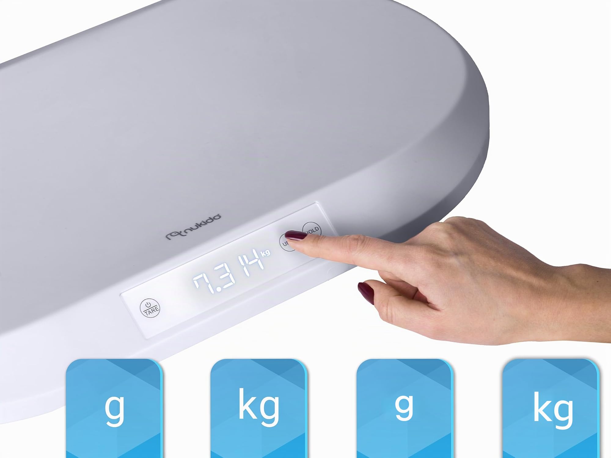 Nukido Babywaage Wiegeschale Baby Waage 40 kg Tragkraft 5 Gramm Genauigkeit Tara Holdfunktion Integrierte Messskala Grau