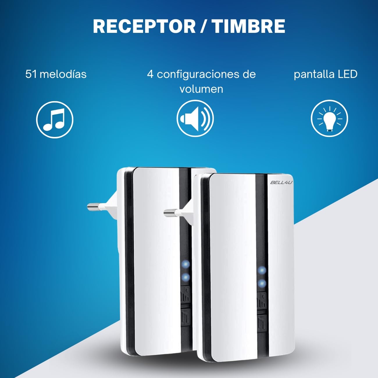 Timbre inalámbrico - 2 receptores y 2 pulsadores de timbre. Timbre exterior inalámbrico IP65 resistente al agua 100m, 4 niveles de volumen y 51 melodías. No requiere batería | No requiere pilas, alcance de 200 m, IP55, 51 melodías, 4 volúmenes, indicador