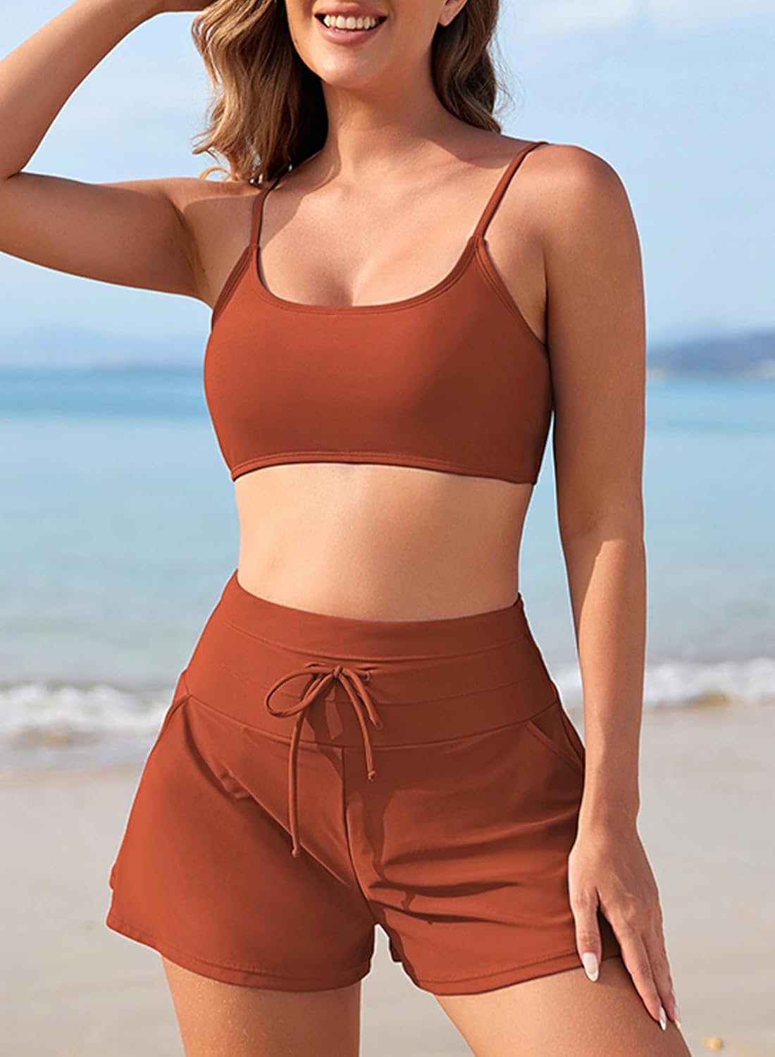 Pink Queen Women 2 Piece Bathing Suits Adjustable Strap Top Drawstring High Waisted Bikini Shorts Swimsuit with Pockets 2026