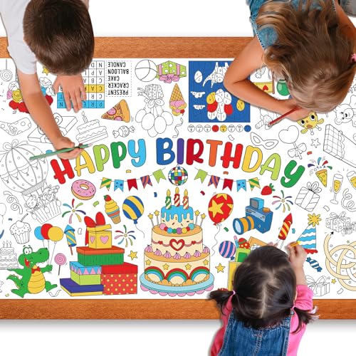 Image of Happy Birthday Giant Coloring Poster for Kids 30x72 Inch, Birthday Large Coloring Poster Tablecloth, Birthday Themed Color-in Activities Games for Kids School Classroom Home Party Supplies Decorations