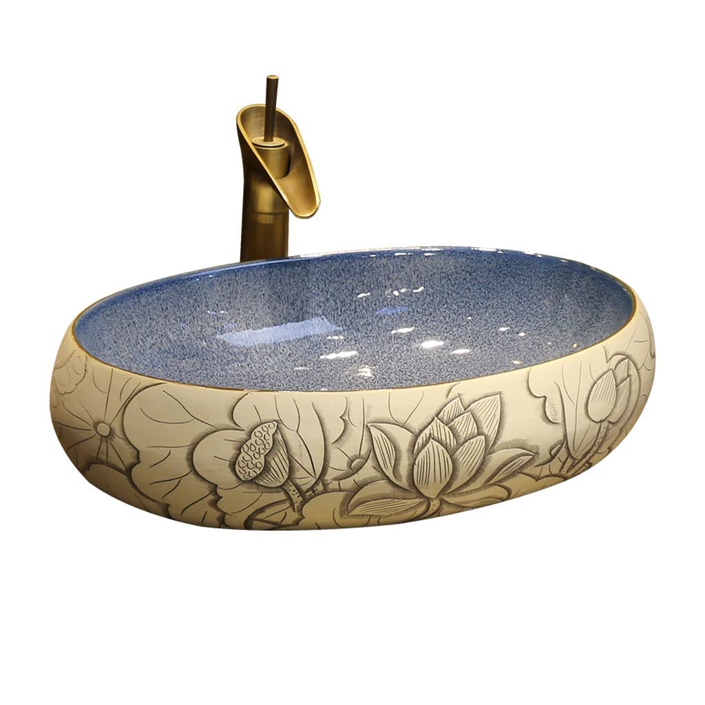 ADERFETBI Bathroom Sink Bathroom Vessel Sink Carved Lotus Art Countertop Basin Utensils Oval Ceramic Washbasin with Faucet