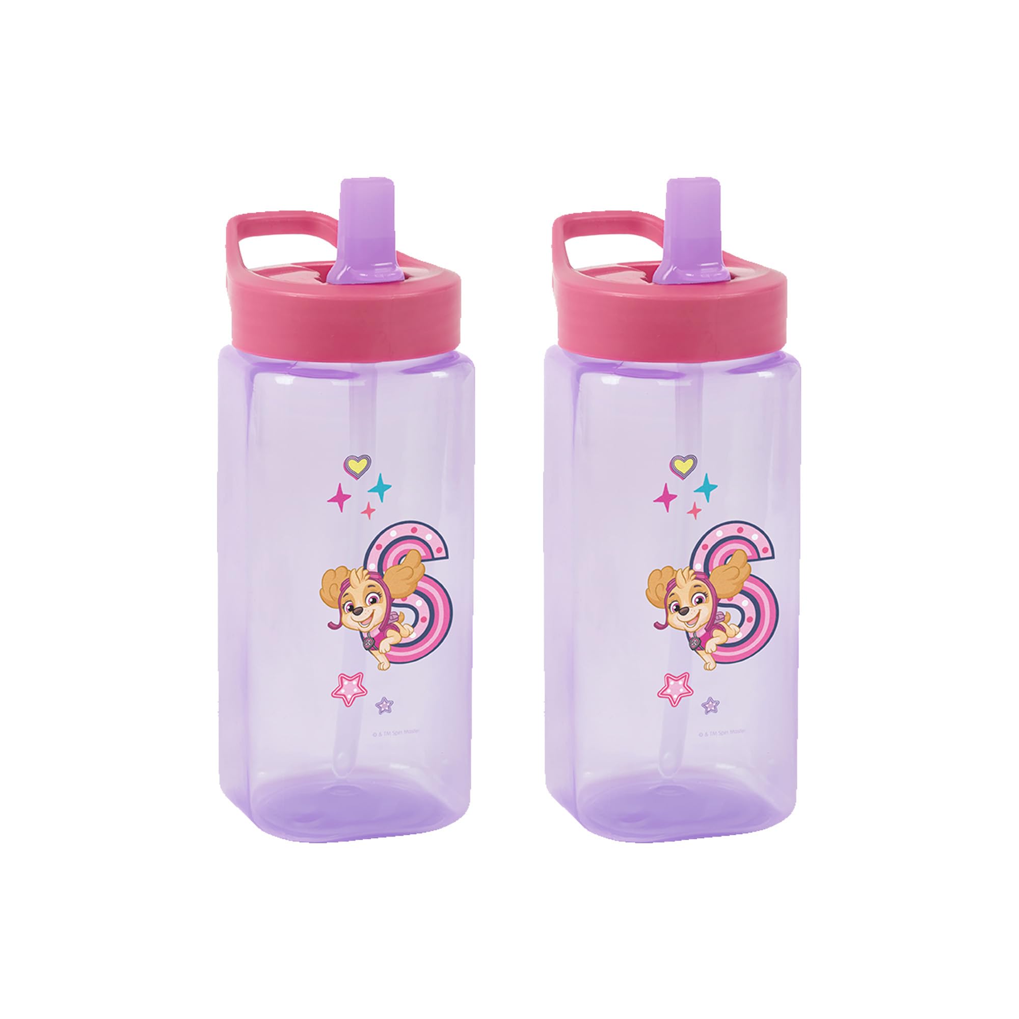 Paw Patrol Water Bottle, 6M+ BPA Free 2 Pack 420ml Straw Sipper for Toddlers, Reusable Non- Spill Flip Up Pink Kids Lightweight Portable School Nursery Bottle