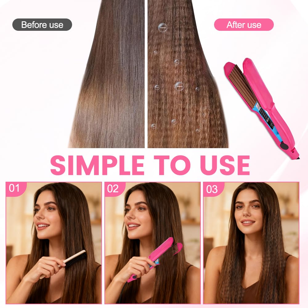 Plancha de Crimpar, Plancha Pelo Ondas Pequeñas Cerámica, 5 Temperaturas, Herramienta Profesional para Crear Volumen y Textura, Calentamiento Rápido, para Hogar, Viajes