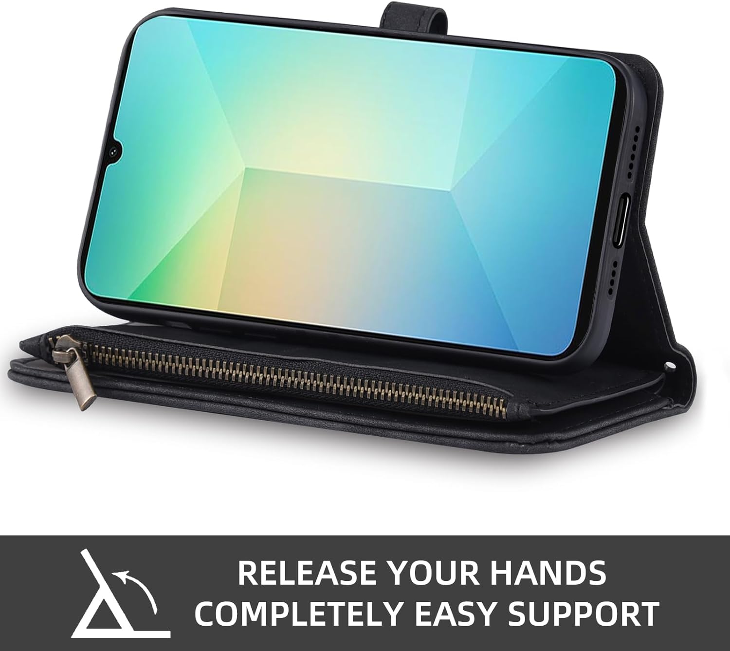 Phone Case for Samsung Galaxy A06 Wallet Cover with Tempered Glass Screen Protector and Crossbody Wrist Strap Leather Flip Pattern Zipper Credit Card Holder Stand Cell Ao6 A 06 SM-A065F A065M Black