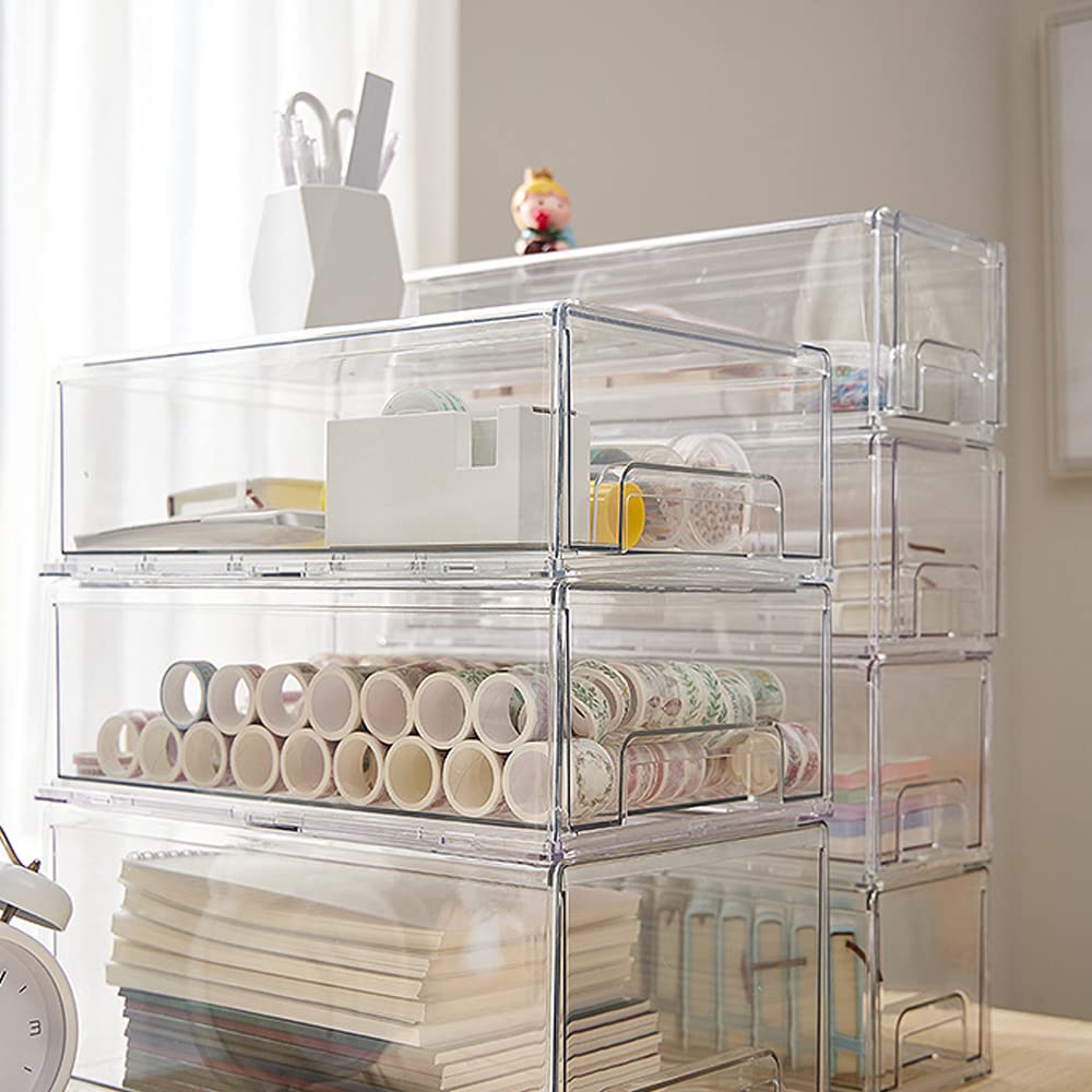 2 Pack Stackable Refrigerator Organizer Bins with Pull-out Drawer Clear Plastic Kitchen Storage Box for Fridge and Cabinets, 4.7" x 13.2" x 4.3"