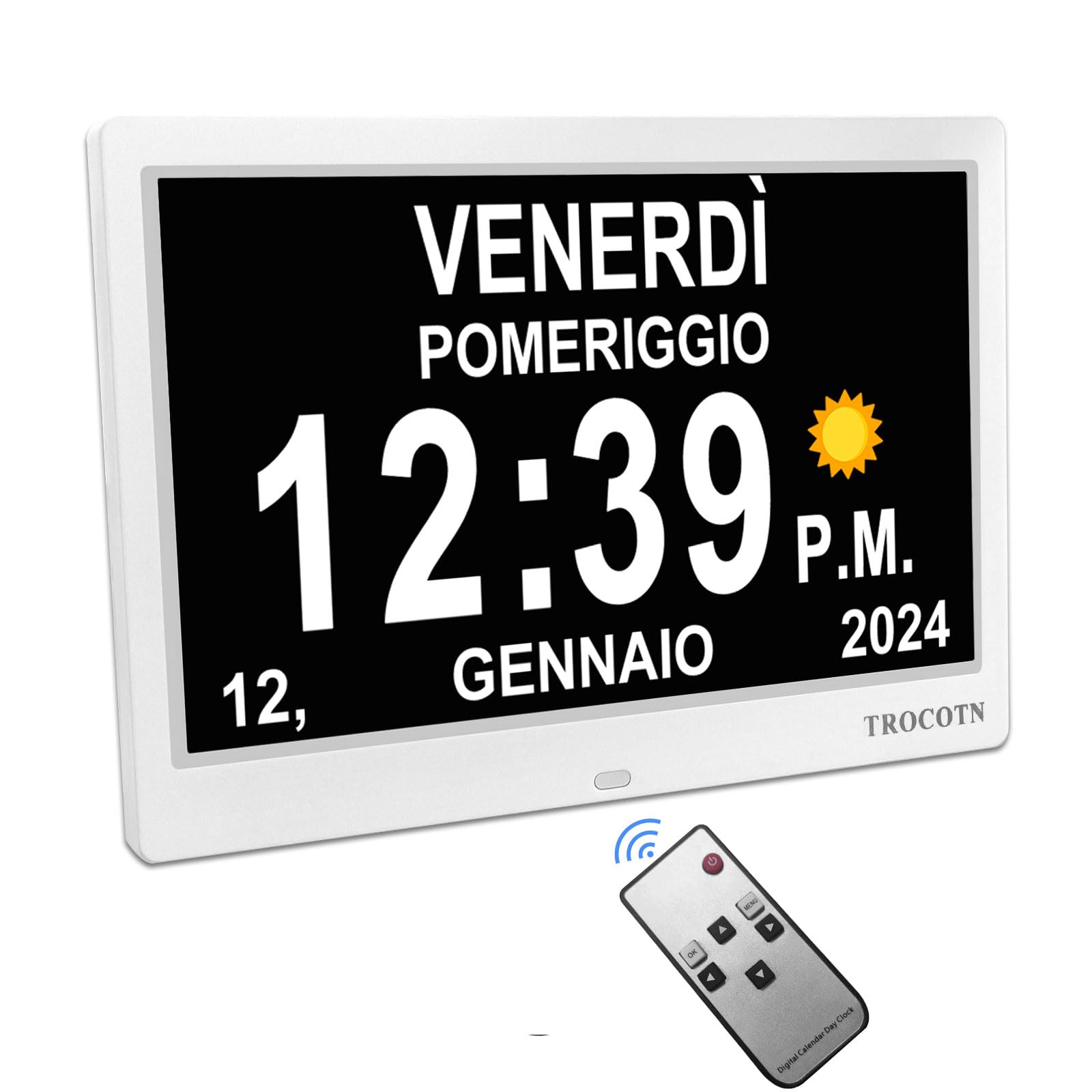 TROCOTN Grande orologio digitale per anziani, con calendario, grande display con allarmi personalizzati, orologio da parete con giorno e data, sveglia, orologio da scrivania (10 Pollici, Bianco)