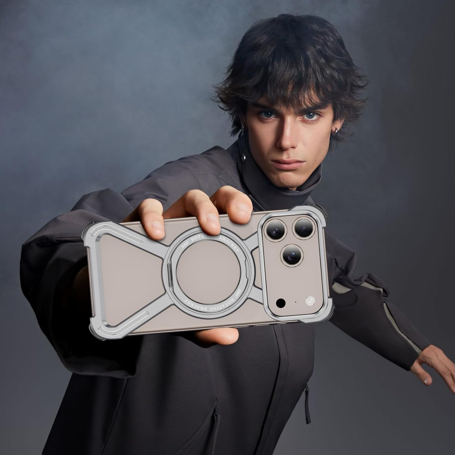 OOPKINS Skeleton Case for iPhone 17 Pro Max Military Grade Drop Protection Rotating Kickstand Ring Grip Compatible with Quick Charge Frameless Metal Bumper for Apple iPhone 17 Pro Max. JJ Silver