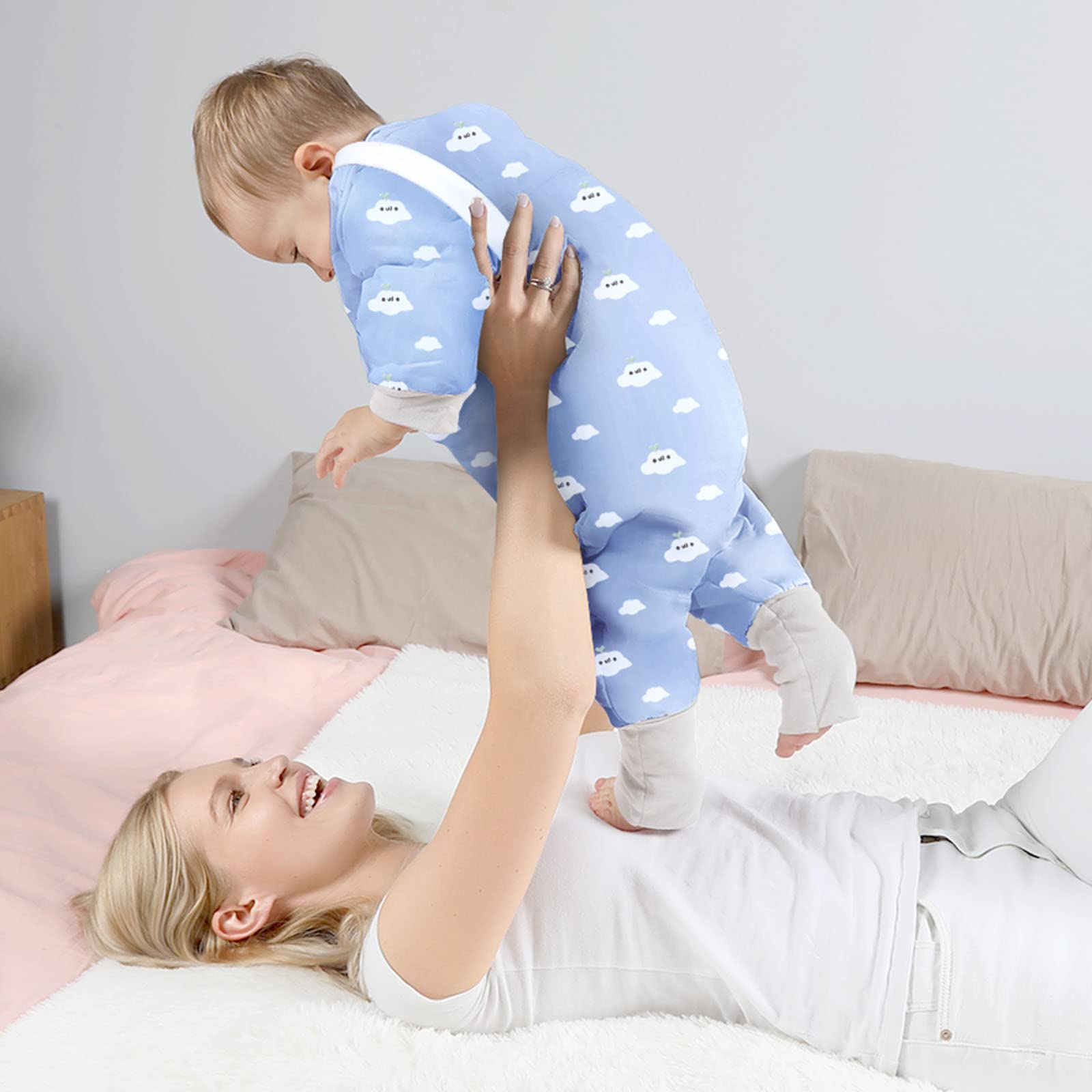 Lictin Saco de Dormir con Pies y Manga 2.0TOG-Saco de Dormir Bebe Niños con Mangas Extraíbles para 12-36 Meses de 80 (Motivo de Cielo Azul y Nubes Blancas)
