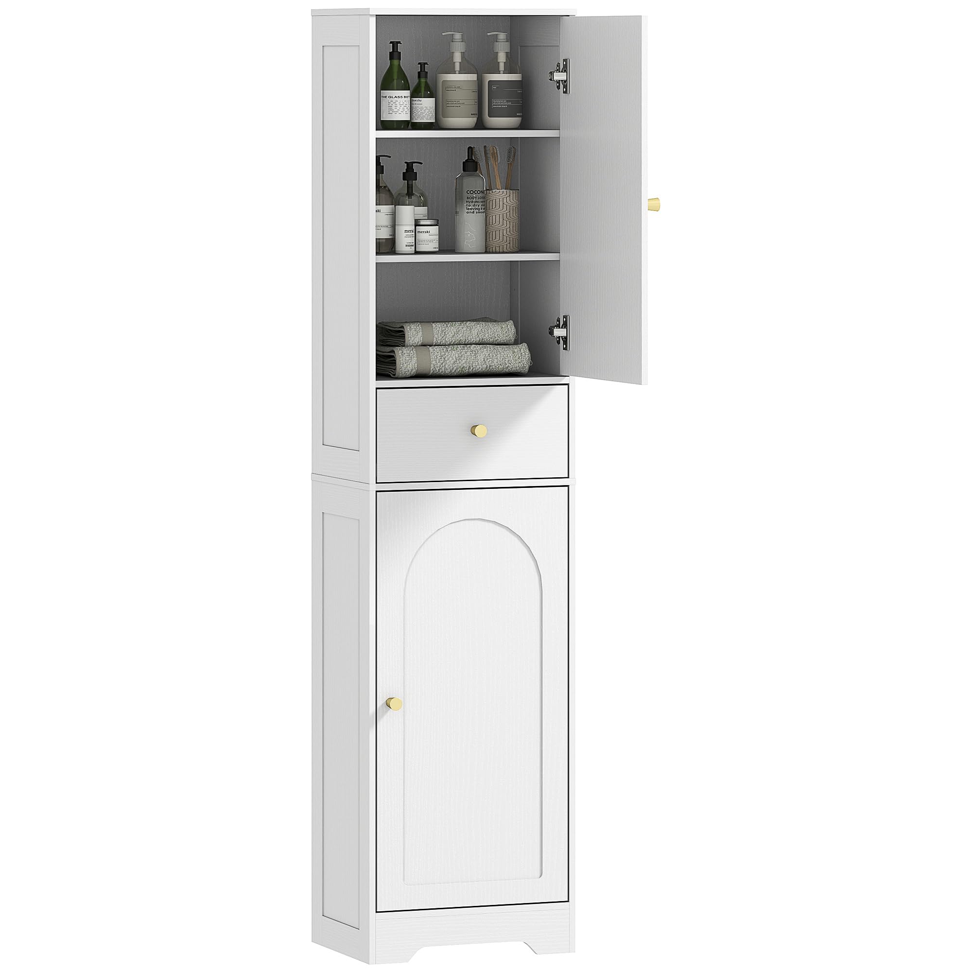 HOMCOM Tall Bathroom Storage Cabinet White - Slim Design - Arch Doors - Adjustable Shelf