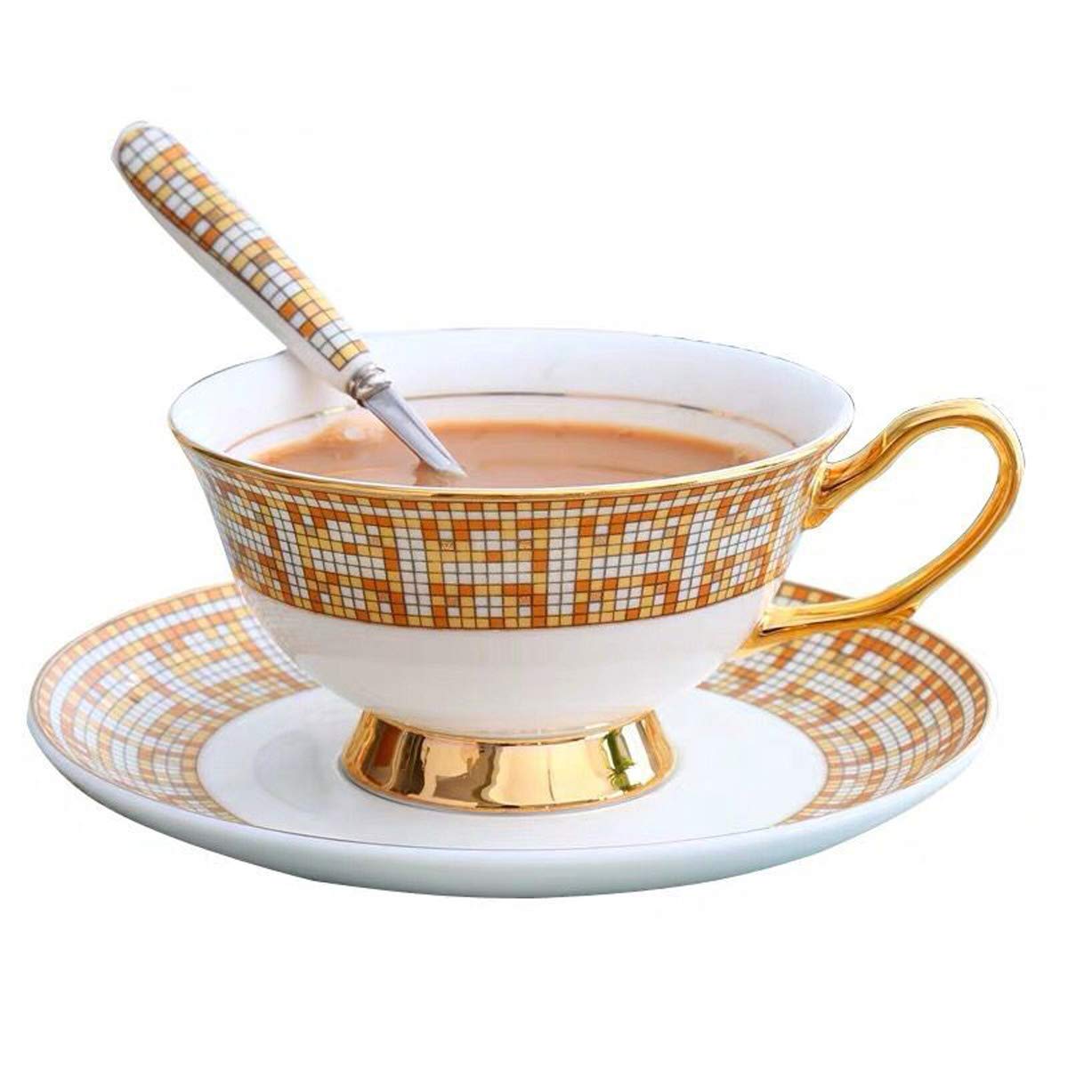 YBK TechCup& Saucer Set Bone China Ceramic Tea Coffee Cup for Breakfast Home Kitchen- Geometric Patterns (Yellow/Orange)