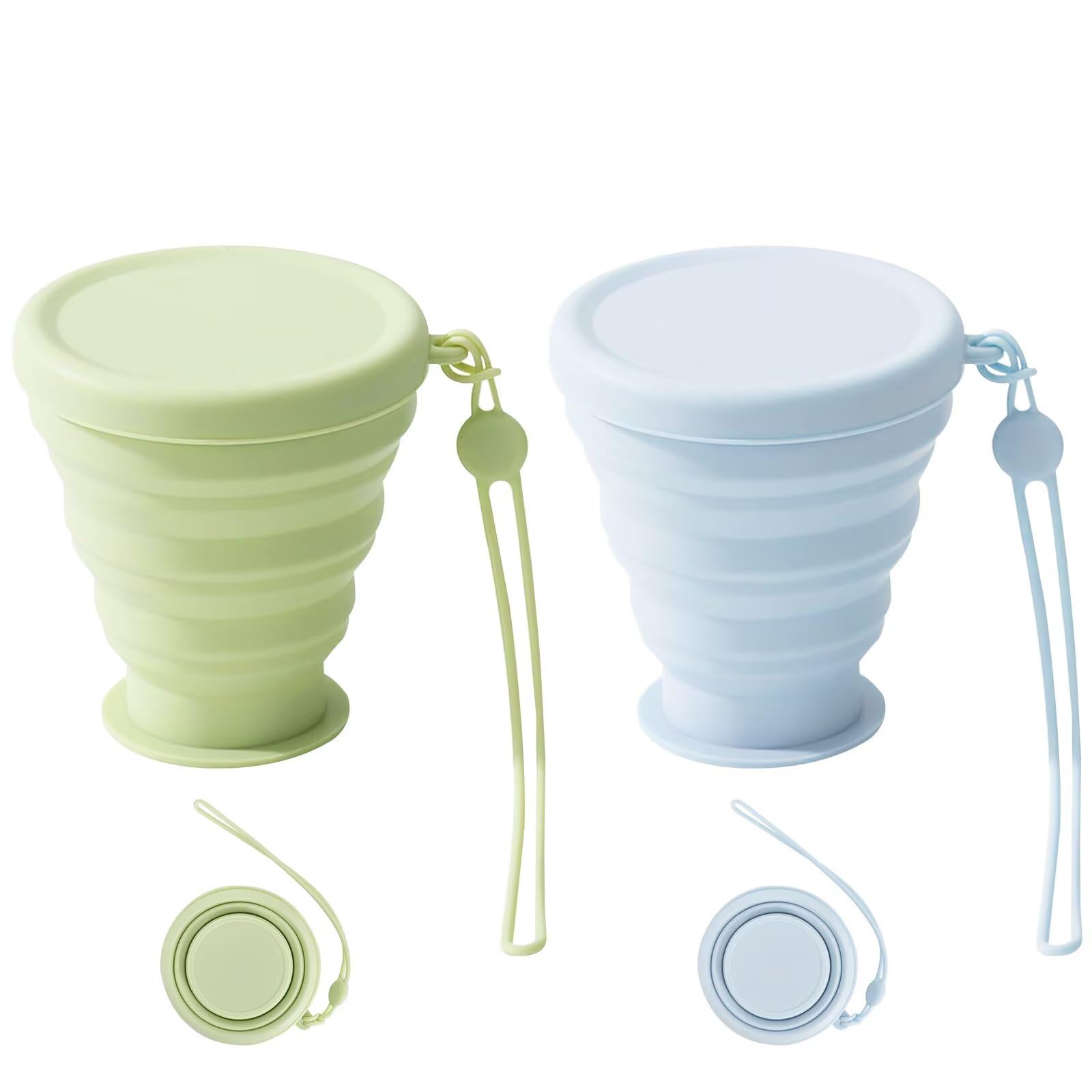 Pack of 2 Silicone Foldable Cups with Silicone Lid, 250 ml BPA-Free Folding Cup, Thickened Portable Folding Cup, Reusable Foldable Cup for Outdoor Camping Picnic Hiking Travel (Green + Blue)