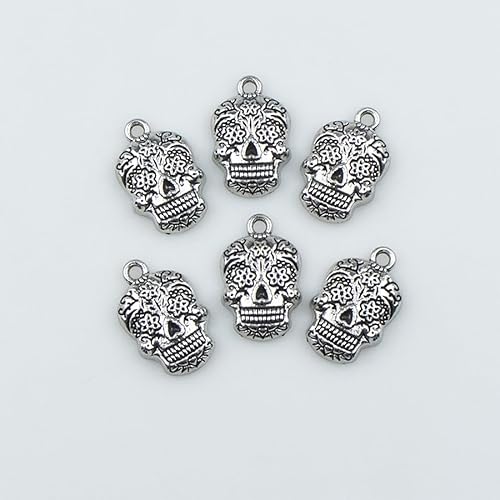 Miniatura 5 de 50 dijes de flores de calavera gótica, colgantes de esqueleto de aleación de Halloween, dijes de calavera de metal vintage tibetano, para hacer