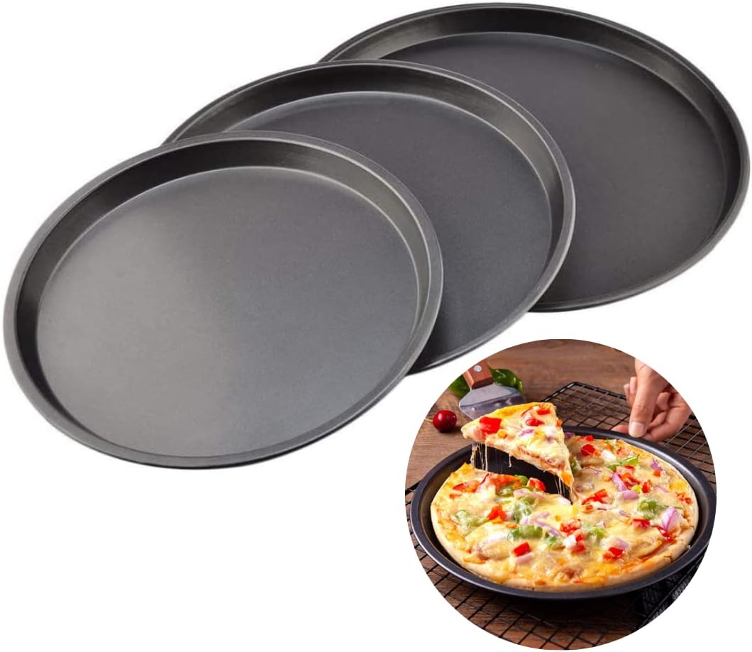 Joule Marhaba Traders Carbon Steel Pizza Pan Tray for Baking in Microwave Oven Non Stick Set of 3 Black (23-26 - 29cm)