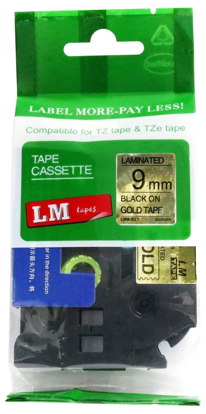 LM Tapes - Premium 3/8" (9mm) Black on Reflective Gold Compatible TZe P-Touch Tape for use with Brother PT-D220, PTD220 Label Maker Includes Tape Size