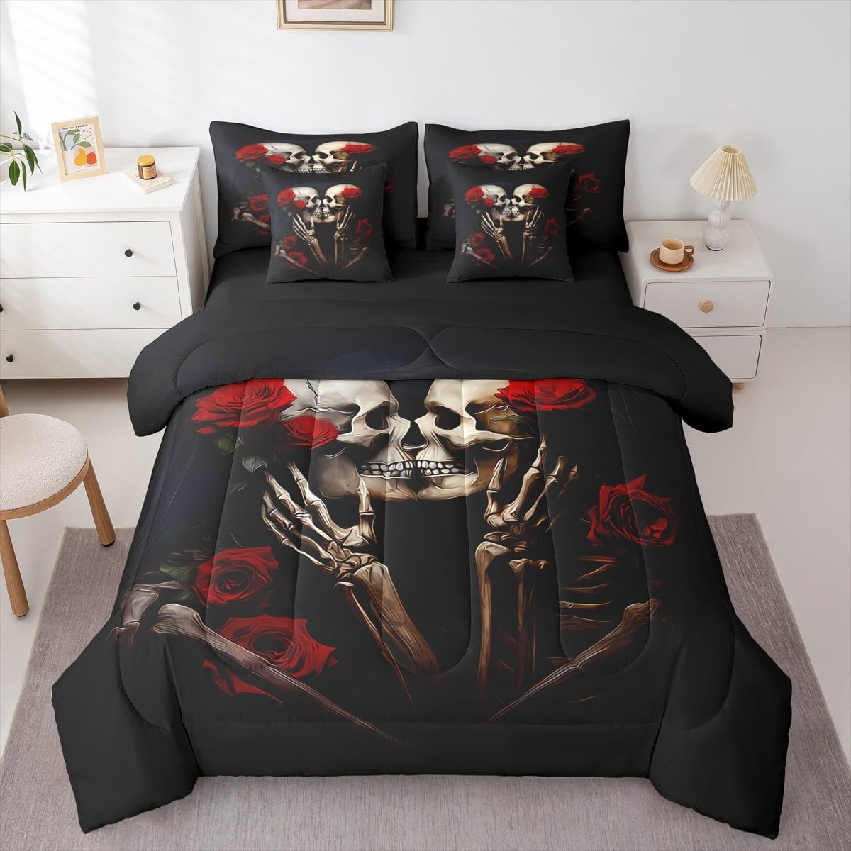 Feelyou Sugar Skull Bedding Set 7 Pieces King Size Kids Rose Gothic Skull Comforter Set for Boys Girls Teens Valentine's Day Bed Set Romantic Bed in a Bag, Comforter+Sheets+Pillowcases+Cushion Cover