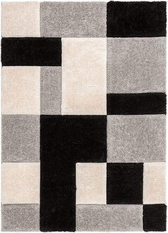 Image of Shaggy Carpet for Home 12 x 16 Feet Ultra-Soft, Thick, and Stylish Shag Texture Ideal for Living Room, Bedroom, or Office - Easy to Clean and Perfect (Black-Silver-Ivory)